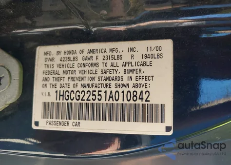 2001 Honda Accord 3.0 Ex z USA, uszkodzony, nr VIN 1HGCG22551A010842